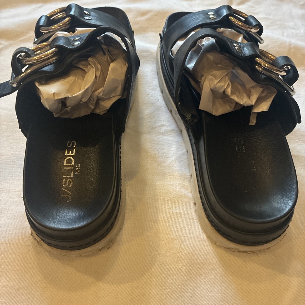 Jslides Women's Size 8 1/2 Leather Double Buckle Sandals Black - Picture 3 of 9